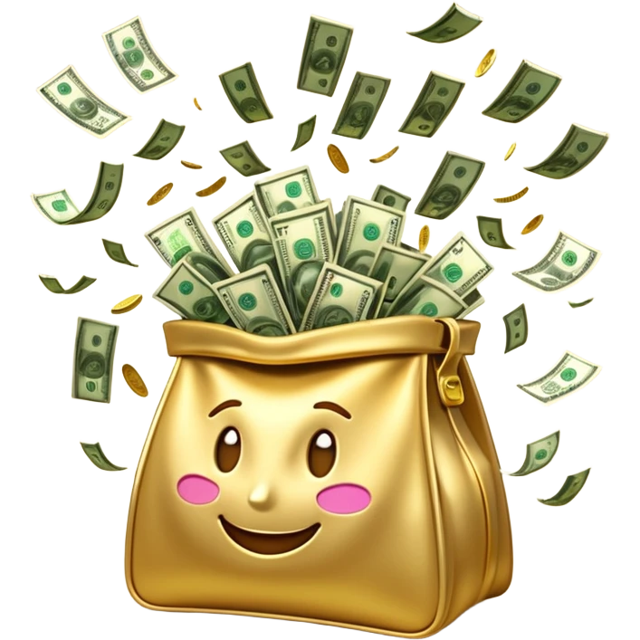 

3D emoji style, big bag of money, flying dollar bills, rich casino vibe, smooth lighting, high detail, clean edges, transparent background



 emoji