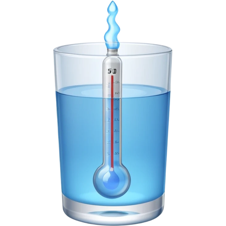 At a 45-degree angle backward and slightly to the right, the thermometer in a glass of water should be gray, like a mercury thermometer, and show 50+>C in 3D format. The water should also be blue. emoji