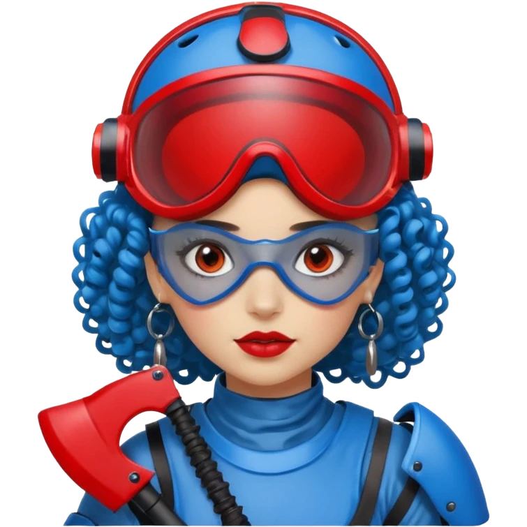 blue curly haired girl with huge earrings wearing red paintball helmet with eye protection, only face  emoji