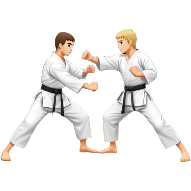 An icon representing traditional Karate, featuring two opponents in a martial arts dojo. One is performing a powerful punch, while the other defends with a block. The background showcases a classic dojo setting with wooden floors and sliding doors. Transparent background emoji