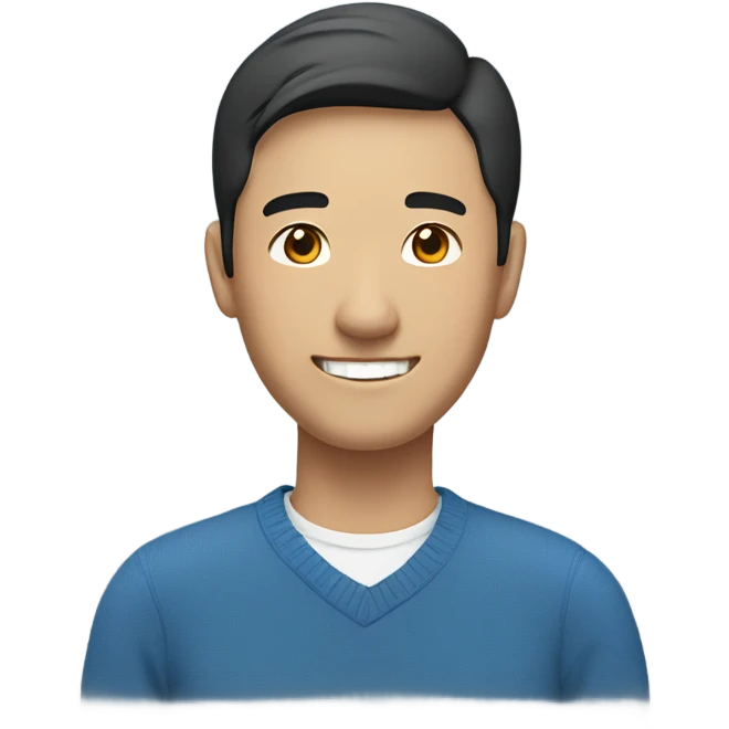 smiling asian man, wearing blue sweater with white shirts inside emoji