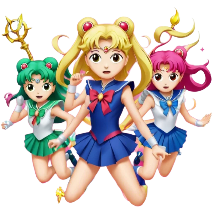 Icon for Anime: vibrant, dynamic scene with heros from Bishoujo Senshi Sailor Moon in action, featuring exaggerated expressions and colorful backgrounds. The design should reflect the distinct, energetic style of anime, with iconic eyes and unique visual elements. Transparent background. emoji