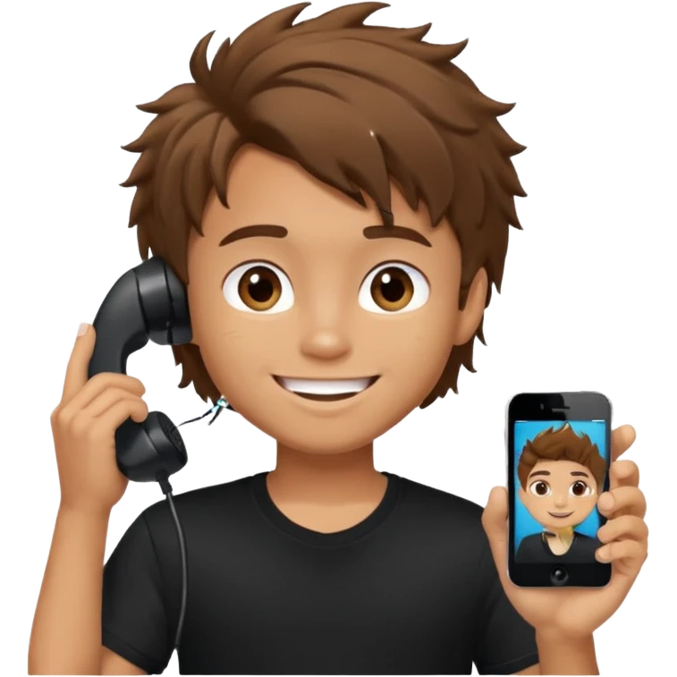 generate a pretty tan bratz boy with brown messy hair smiling while talking on call. Wearing a black tshirt emoji