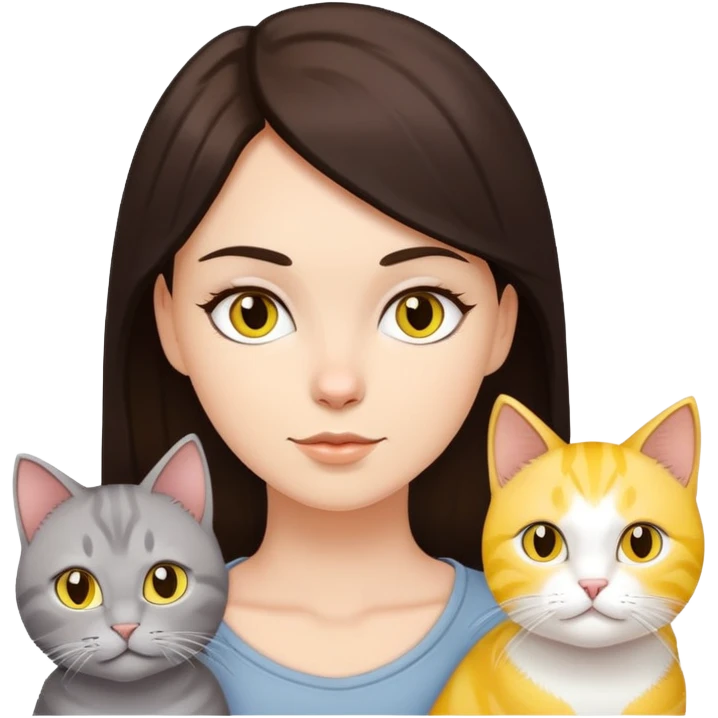 white girl wirh dark brown hair with 2 yellow cats and one light grey cat emoji