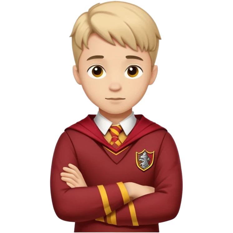 A young adult man slightly to the side looking forward with crossed arms wearing the Gryffindor uniform emoji