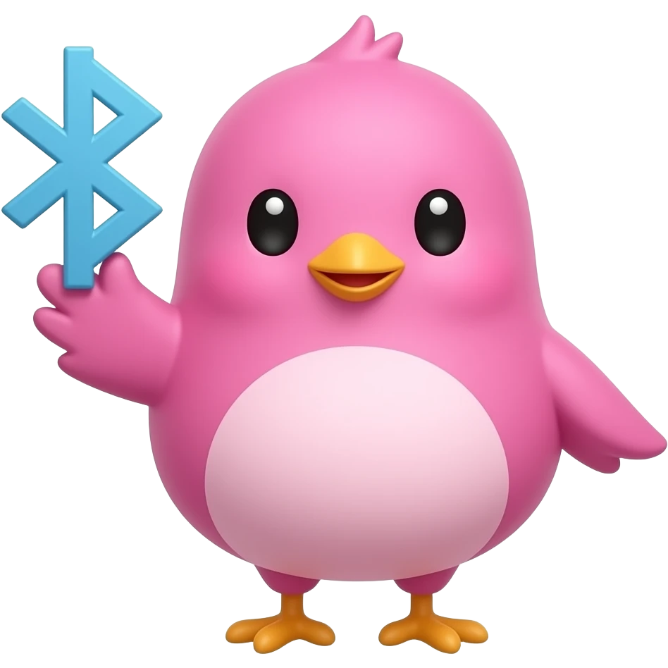 lovable small pink bird in a kawaii style holding up a bluetooth symbol to the camera. the image must be a transparent .png emoji