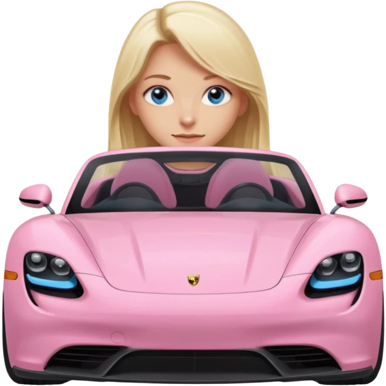 pink Porsche taycan with blonde girl, long hair, blue eyes, sitting in the car, front view point of view, no sunglasses emoji