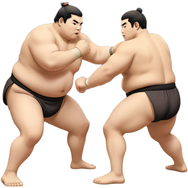 Two sumo wrestlers in a classic dohyo ring, each displaying powerful stances and ready to engage in a fierce match. One wrestler attempts a pushing attack, while the other counters with a thrust. The background shows the traditional sumo arena and spectators. Transparent background. emoji