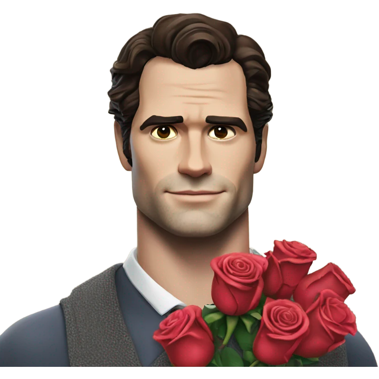realistic photo of Henry Cavill holding roses and chocolates emoji