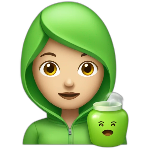 Woman with round head and green hoodie and hot water bottle in her hand  emoji