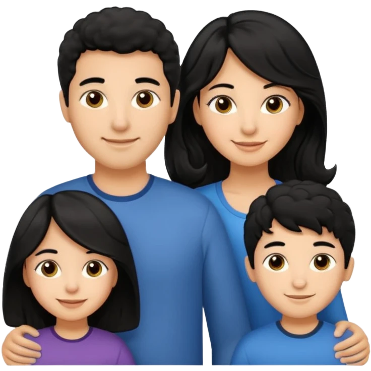 Hispanic family of five smiling: mom with long straight hair, dad with short curly hair, two boys with matching short hair, and a girl with long straight hair emoji