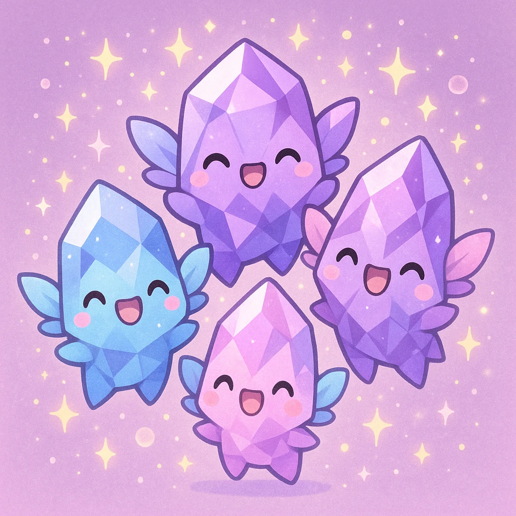 kawaii chibi style group of crystal sprite creatures in purple, blue, and pink, with tiny magical wings, celebrating together, magical sparkles, joyful scene emoji