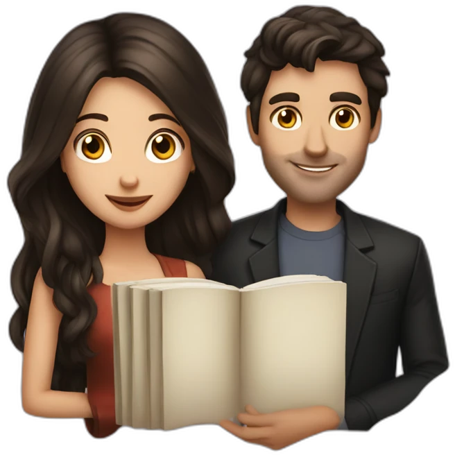 a brunette guy and long dark hair lady with a book emoji