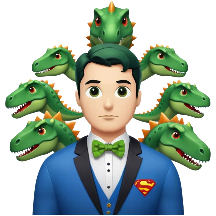 Superman with 7 dinosaurs wearing bow ties emoji