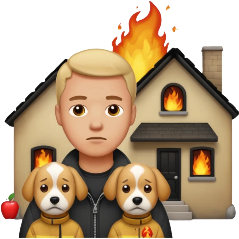 sad man standing with a house on fire behind him, pet dog beside him, apple style emoji emoji