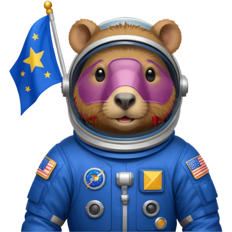 Capypara in space suit, holding blue rectangle flag emoji