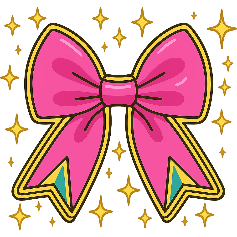 Add a shiny gold outline to the sparkly pink bow with stars, keep the background transparent. emoji