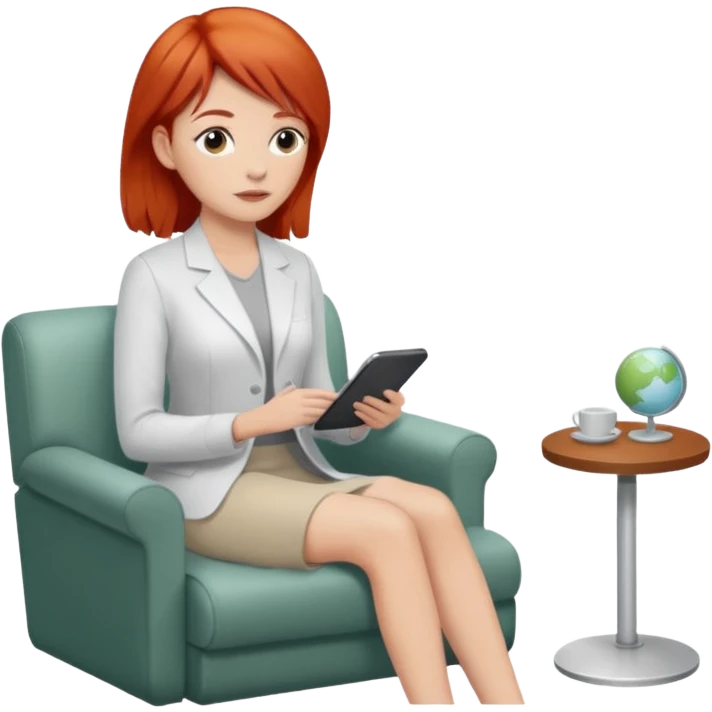 “Red-haired therapist in a calm, modern therapy room, attentively listening to a client, warm lighting, realistic style.” emoji