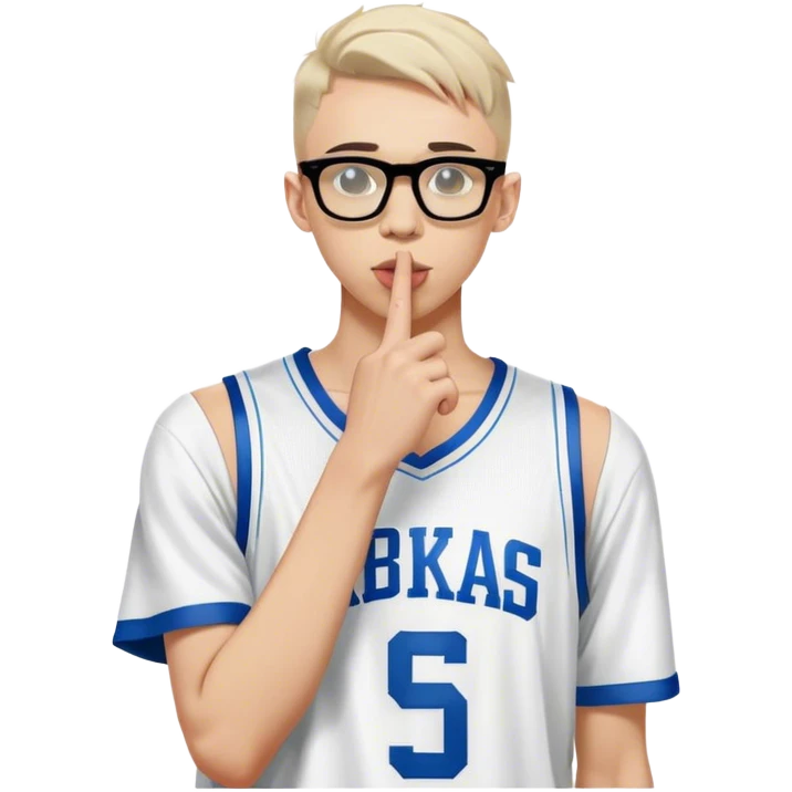 a man with glasses holding his finger to his lips, techwear fashion, at a fashion shoot, white: 0.5, fornite, wearing nba jersey, censored, maxim sukharev, official vuitton editorial, skinny caucasian young man, secrets, editorial photo, discord profile picture, swat emoji