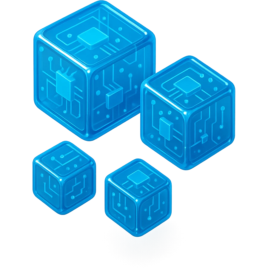 several cubes, each a different size, glossy circuit style emoji