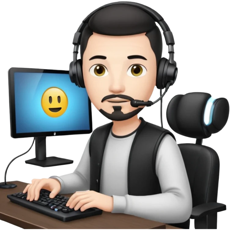 a setup of a youtuber, white skin, thin goatee, black short hair, with a desktop pc on a table, a gaming chair, microphone, white ring light emoji