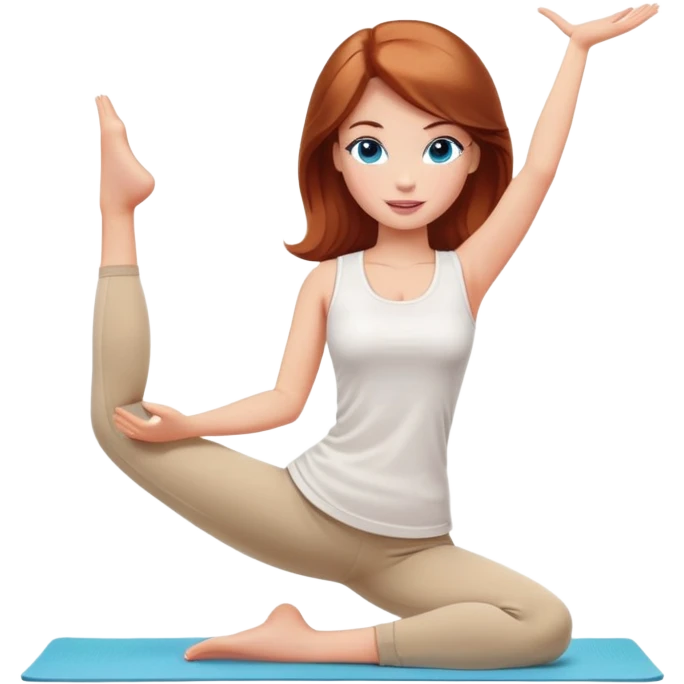 A Barbie girl with blue eyes, shoulder-length reddish-brown hair, made-up, wearing a white T-shirt and beige leggings, does yoga emoji
