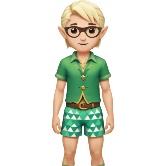 elf male legolas portrait, patterned board shorts (geometric/abstract), unique wooden-framed sunglasses, undercut hairstyle, slight smirk, visible pointy ears, no background, centered emoji, hipster summer vibe emoji
