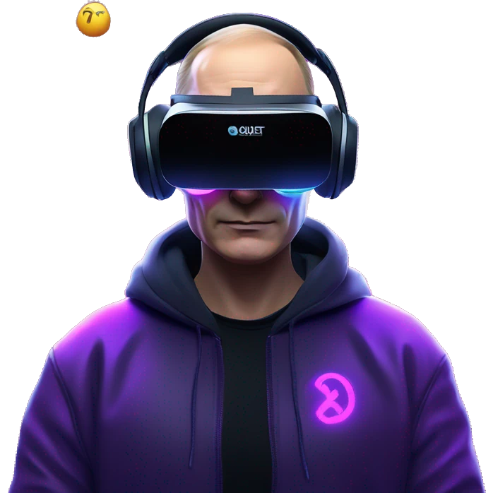Putin wearing a black hoodie with "OMG" letters on it and VR headset oculus quest 2 in a cyberpunk VR environment with violet neon lighting. emoji