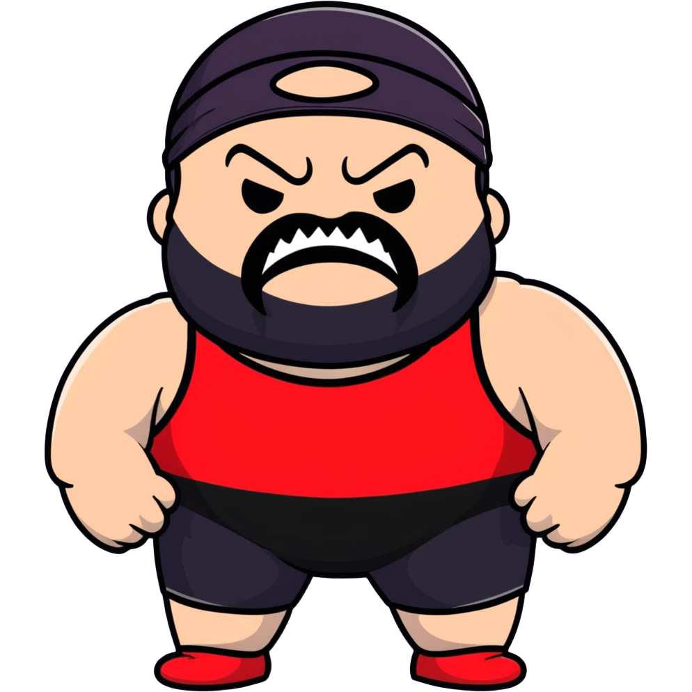 White skin fat guy with black durag, black beard, black eyes in a red and black wrestling singlet with angry face emoji