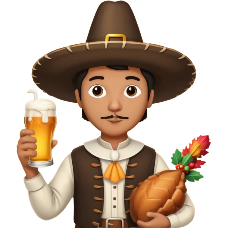 Mexican man dressesd as  Thanksgiving pilgram holding a large drumstick and Corona beer emoji