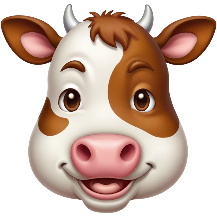 Cinematic Comical Brown and White Cow Portrait Emoji, Head tilted dramatically with an exaggeratedly amused expression, featuring a striking, glossy hide with a dynamic mix of brown and white, wide, expressive brown eyes filled with playful disbelief, Simplified yet hilariously expressive features, highly detailed, glowing with a slightly sassy glow, high shine, dramatic yet playful, stylized with an air of cheeky mischief, bright and endearing, soft glowing outline, capturing the essence of a spirited and over-the-top cow, so meme-worthy it feels like it could moo its way into internet fame instantly! emoji