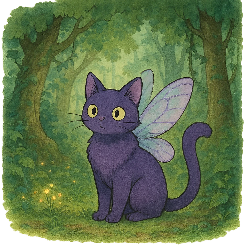 ghibli style purple cat with fairy wings in an enchanted forest emoji