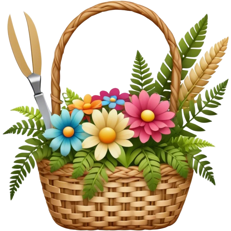 Icon for Floristry: a woven basket with flowers, reeds, ferns, bright ribbons and a small plush toy. Add scissors and knife. The icon should represent creativity in flower arrangement and decorative design. Transparent background. emoji