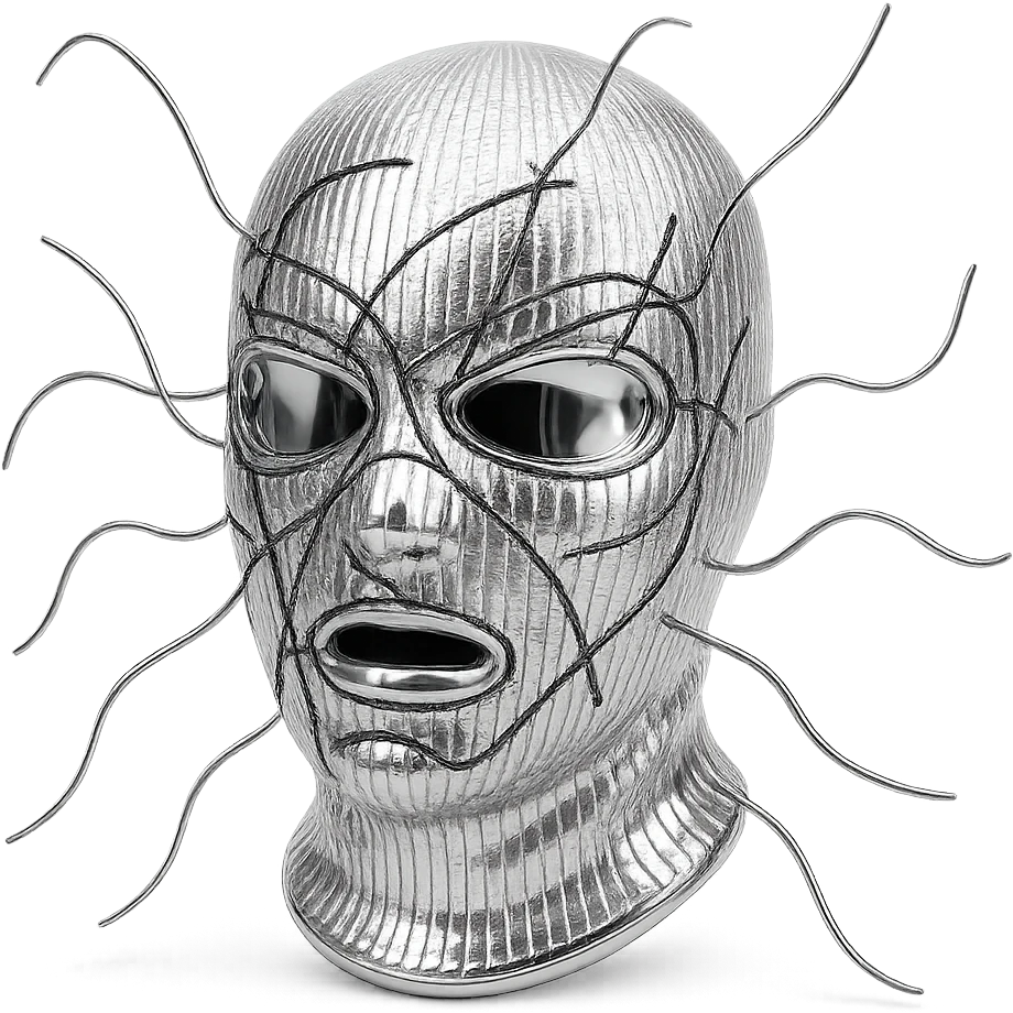 The mask is a full-head, white knitted balaclava with a tight ribbed texture. It features two asymmetrical eye openings and a partially exposed mouth area. Black thread is stitched across the surface in chaotic, abstract lines that trace facial features, giving a hand-drawn effect. Several black cords extend outward from the mask, varying in length and direction, adding a sculptural, almost organic appearance. The overall look is bold, handcrafted, and visually striking. emoji