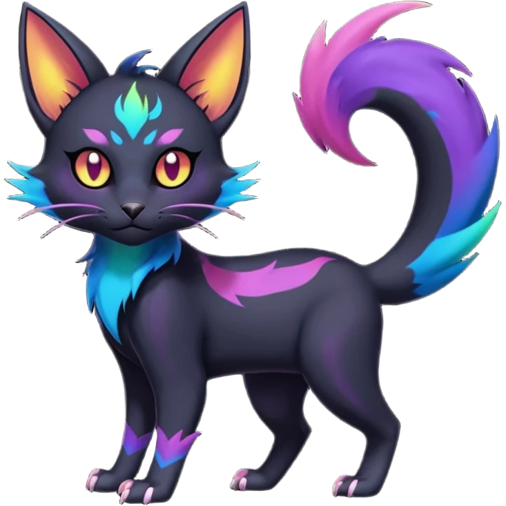 Obsidian-pitch-Black with rainbow-markings edgy Noibat-Purloin-Torracat-Lykoi-Caracal-cat-Fakemon-fusion-hybrid-creature emoji