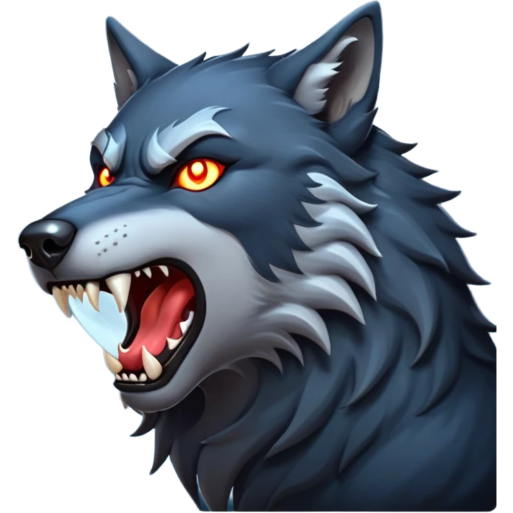 cinematic-noble-fierce-werewolf-howling-portrait-emoji, poised-and-imposing, with a fierce wolfish face tilted upwards in a haunting howl, glowing eyes full of primal ferocity, sharp, and a rugged snout, fur rippling in shades of midnight black and silver, muscles tensed as the powerful howl echoes beneath the moonlit sky; rendered with realism, capturing the raw, untamed power of the beast in its wild, primal state emoji