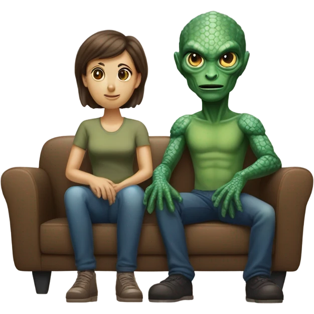 alien reptilian woman and humman man, sitting on a couch  emoji