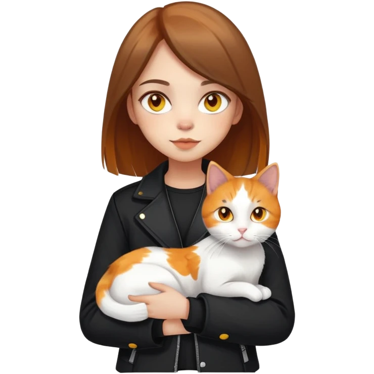 Light-skinned girl with brown straight hair wearing a black jacket, holding one pure white cat with bright yellow eyes and one calico cat with orange black and white patches emoji