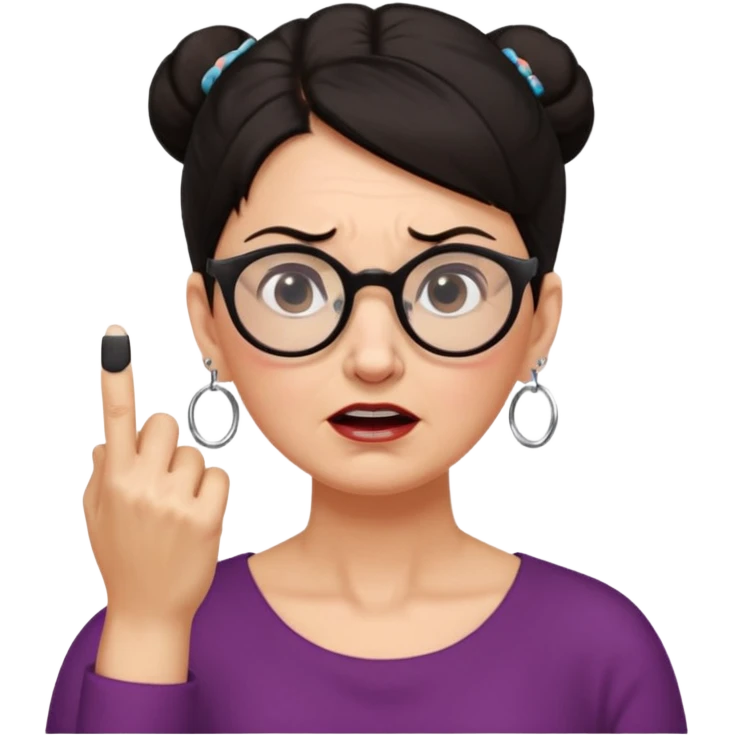 middle aged woman with dark hair pulled up in a high bun, wearing round ring earrings and glasses blocking her ears with her index finger, with a very painful expression on her face  because she cannot stand hearing a terrible singer who is too loud and out of tune.   emoji