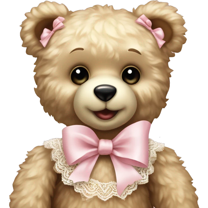 vintage rococo teddy bear with a light pink bow that has lace and frills emoji