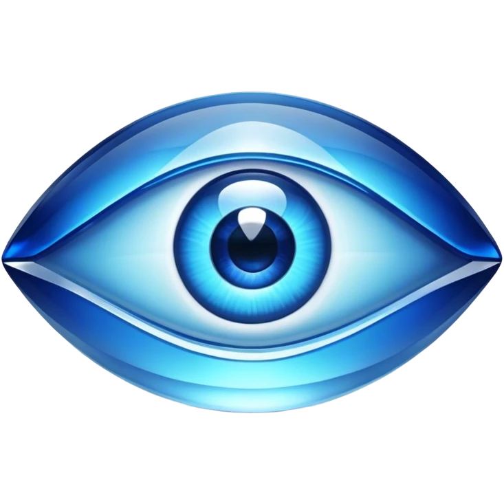 Cinematic Realistic image of a glass Evil Eye blue stone, rendered with translucent, luminous blue hues and finely cut facets that catch soft reflective light, set against a dark, minimalist backdrop to emphasize its mystical allure. emoji