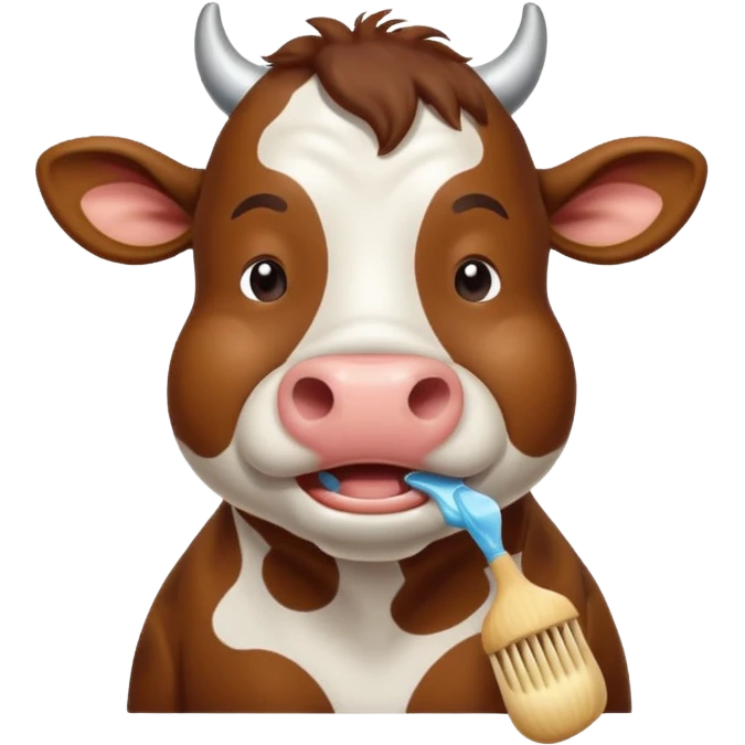 A cow brushing its teeth, looking sleepy and drowsy, portrait, bust up emoji