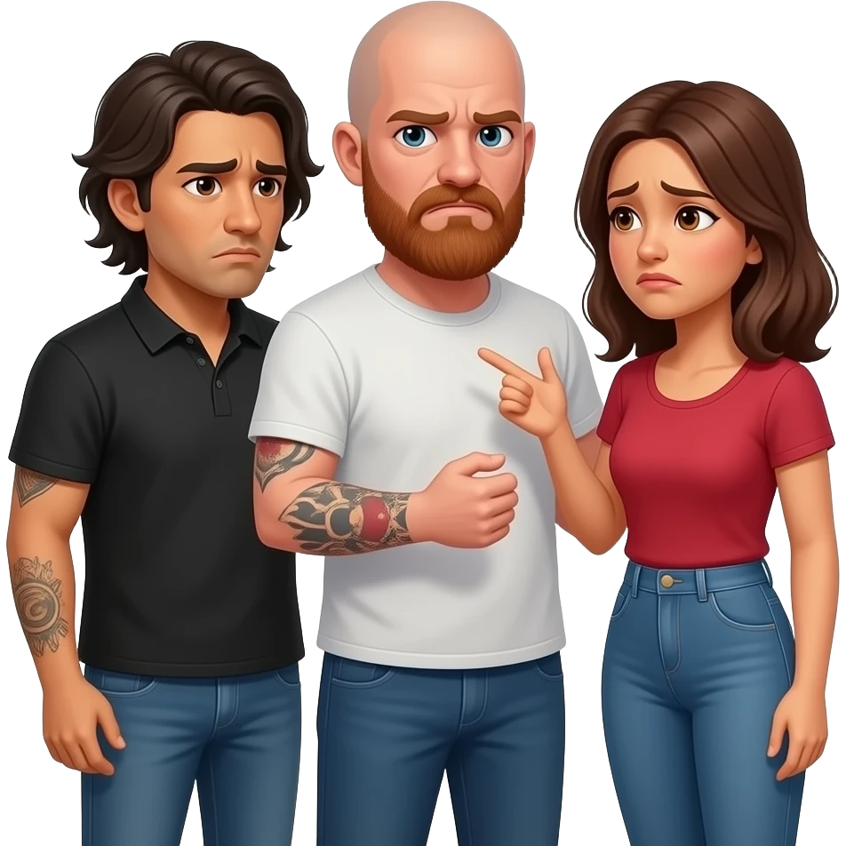 A really sad but angry because he found out she was cheating on him with a bald, headed red bearded guy, andthey are always arguingLatino couple man has a beard, medium hair and tattoos and his wife is beautiful with hazel eyes and shoulder length brown hair and their relationship is broken emoji