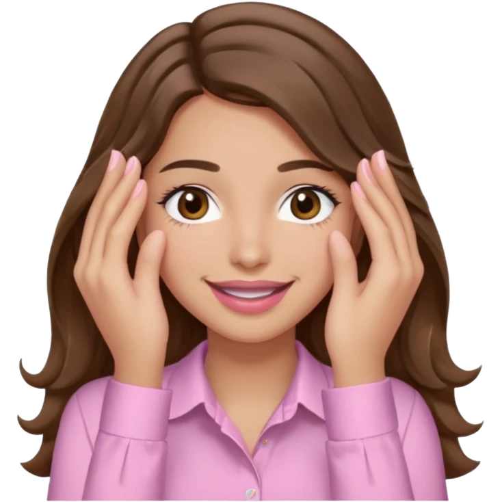 girl with wavy long brown hair, brown eyes, light to medium complexion, long lashes, light pink lipstick, wearing light pink shirt, smiling, hands covering both eyes emoji