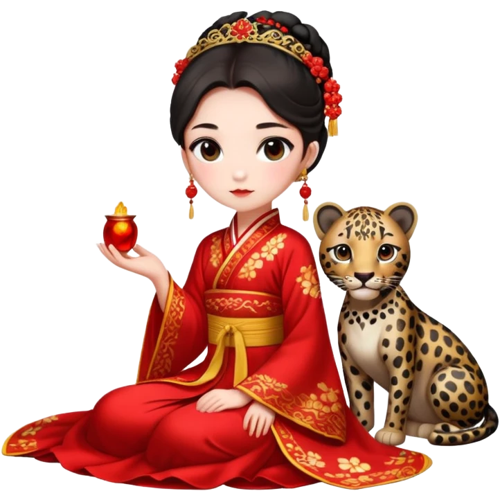 A beautiful girl in red Hanfu wedding dress sits on the ground holding a black leopard emoji