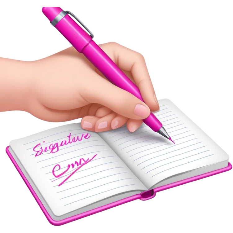 a hand writing a signature with a pink pen in a notebook emoji