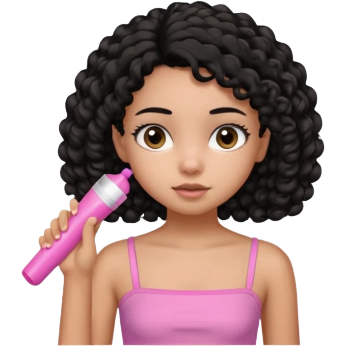 A black 12 yr old girl brushing her shoulder length hair, doe eyes, almond eyes pink tube top and black hair like the 3rd emoji