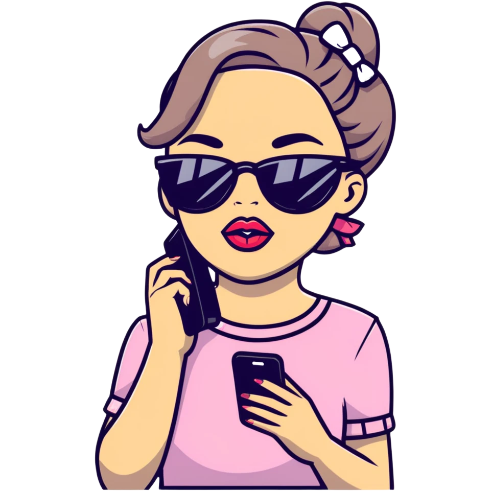Girl with huge lips, sunglasses, bow on her hair, holding a phone with attitude emoji