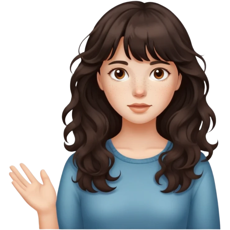 Niña con el pelo color marrón oscuro ondulado con flequillo y pecas  emoji
