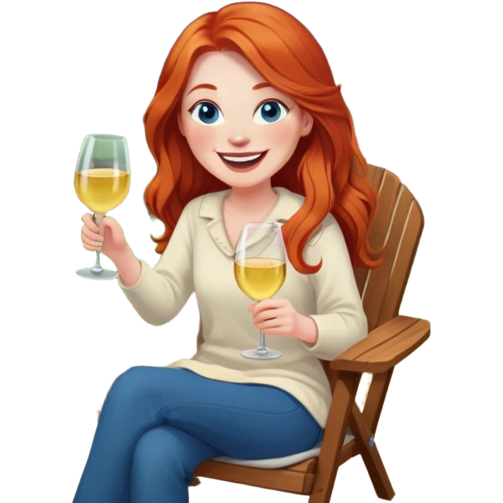 Laughing redhead with long hair and blue eyes holding chardonnay sitting in chair beside fire pit  emoji